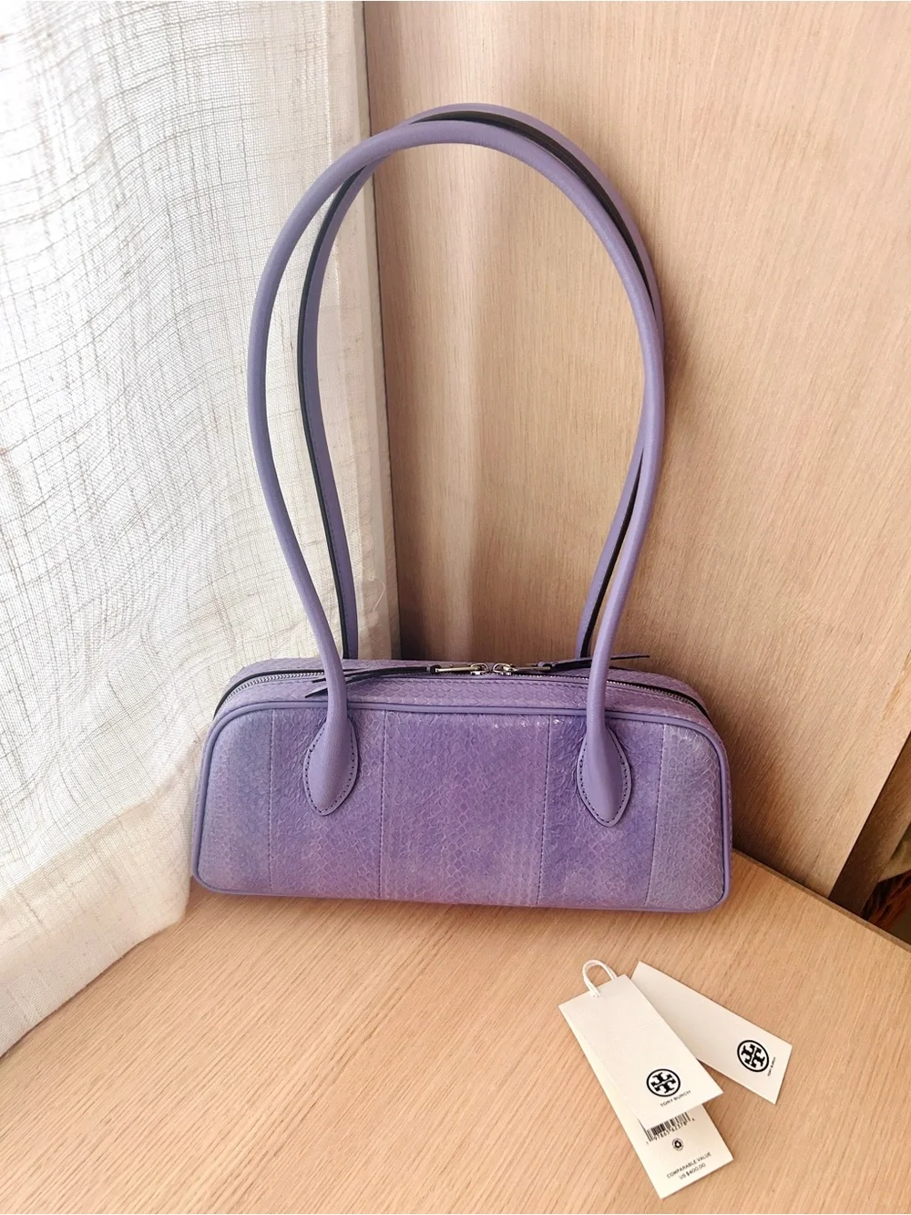 NWT💟Tory Burch Embossed Box Satchel Shoulder Bag Snake Leather Purple 181102 - Picture 5 of 7